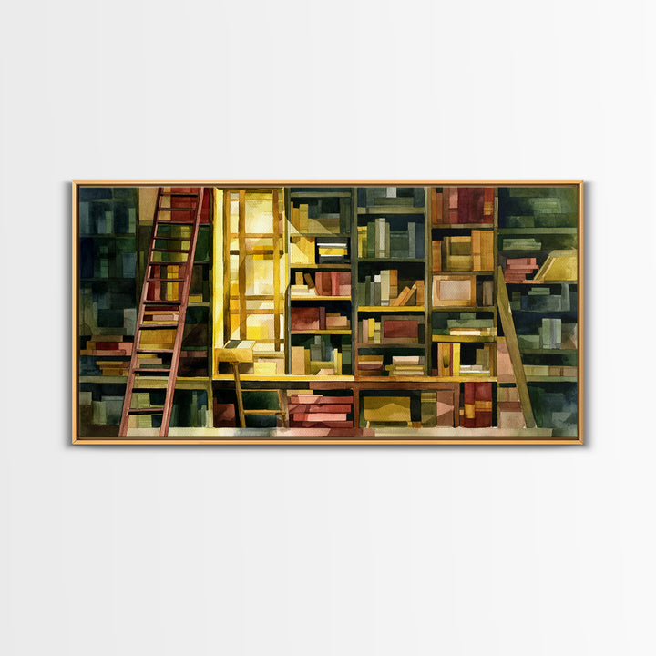 Rolling Library Ladder Framed Canvas Print, Library Art, Neutral Decor, Library Decor, Fine Art, Archive, Home Decor, LIB-2x1-95