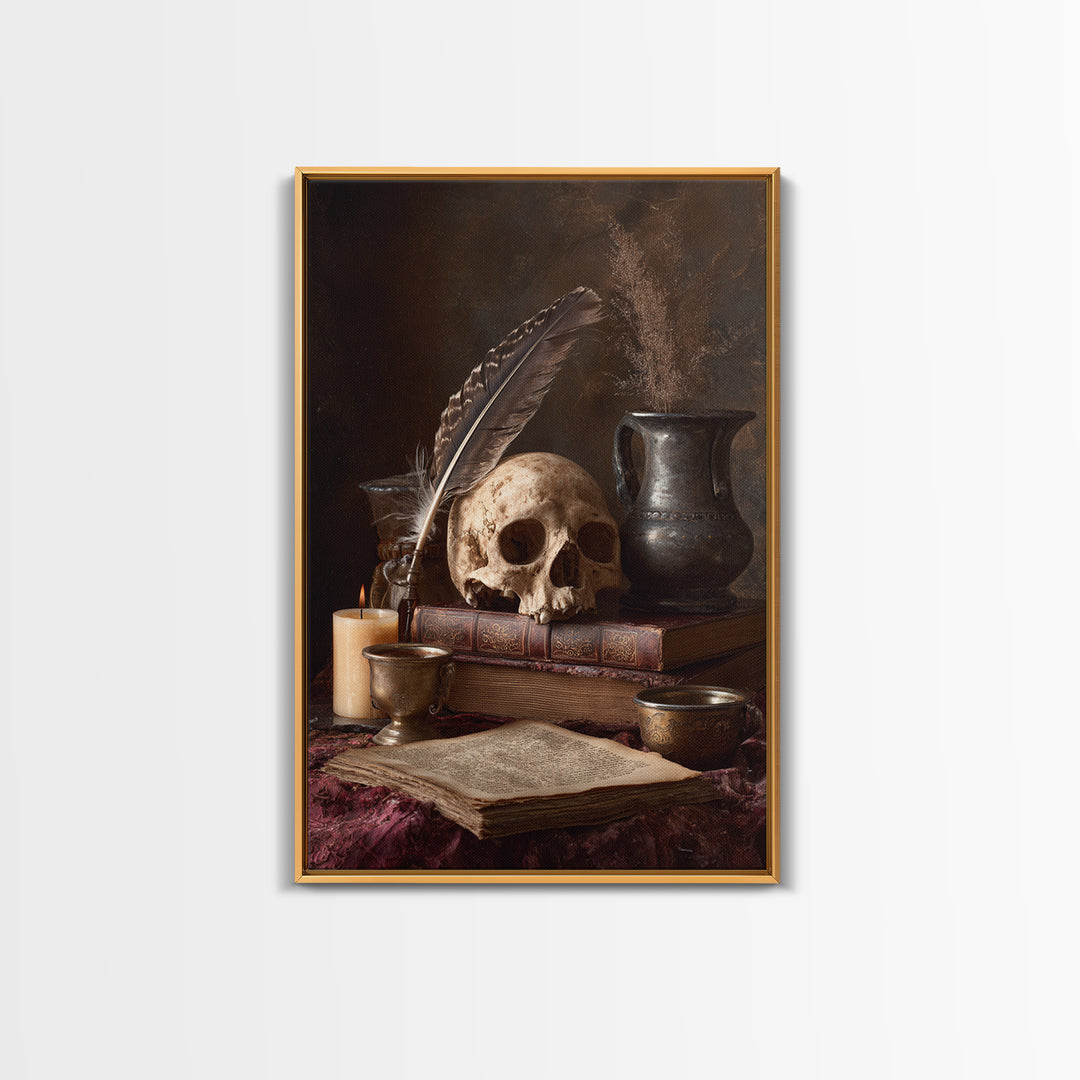 Dark Academia Skull Book and Quill Still Framed Canvas Print, Library Art, Dark Academia Decor, Library Decor, Archive, LIB-2x3-13