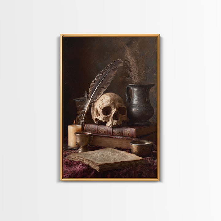 Dark Academia Skull Book and Quill Still Framed Canvas Print, Library Art, Dark Academia Decor, Library Decor, Archive, LIB-2x3-13