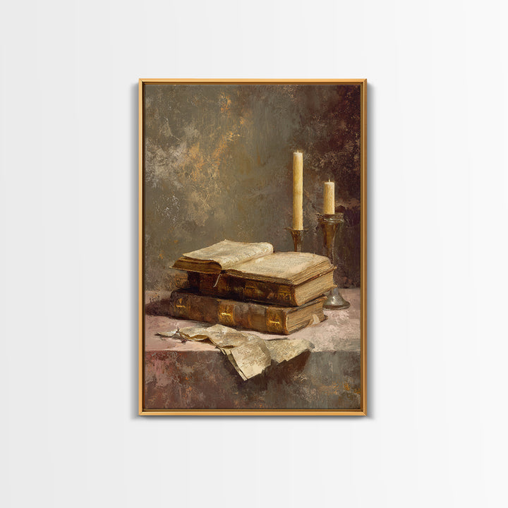 Ancient Book with Brass Clasps Framed Canvas Print, Library Art, Gothic Home Decor, Library Decor, Oil Painting, Archive, LIB-2x3-21