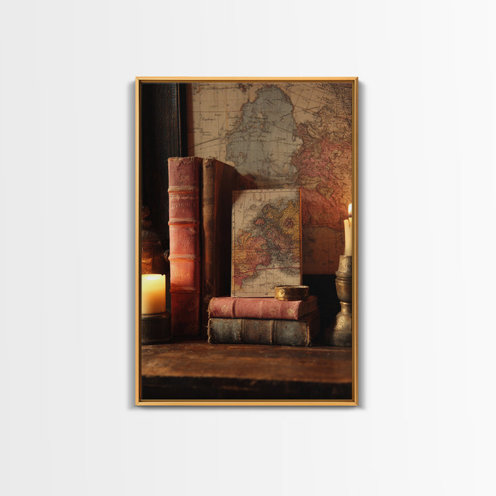 Map and Compass on Leather Bound Atlas Framed Canvas Print, Library Art, Modern Decor, Library Decor, Fine Art, Archive, LIB-2x3-24