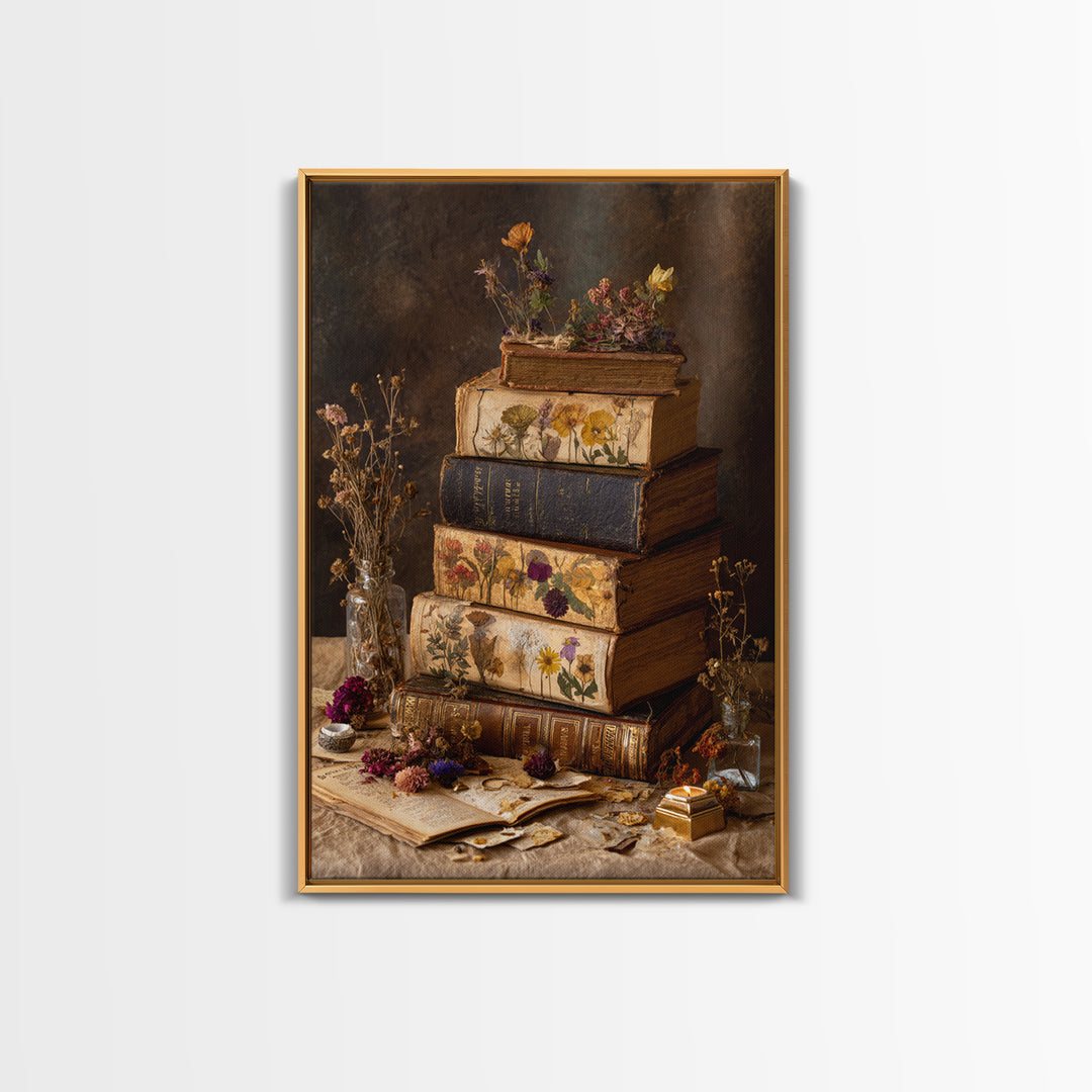 Botanical Pressed Flowers Inside Old Pages Framed Canvas Print, Library Art, Wall Art Print, Library Decor, Fine Art, Archive, LIB-2x3-41