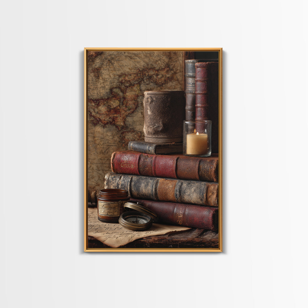 Map and Compass on Leather Bound Atlas Canvas Print, Library Art, Gothic Home Decor, Library Decor, Oil Painting, Archive, LIB-2x3-72