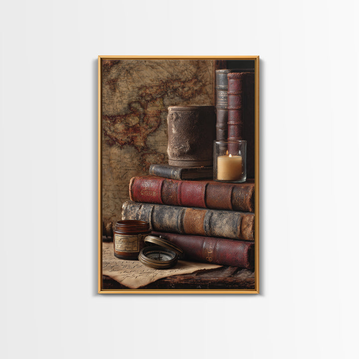 Map and Compass on Leather Bound Atlas Canvas Print, Library Art, Gothic Home Decor, Library Decor, Oil Painting, Archive, LIB-2x3-72