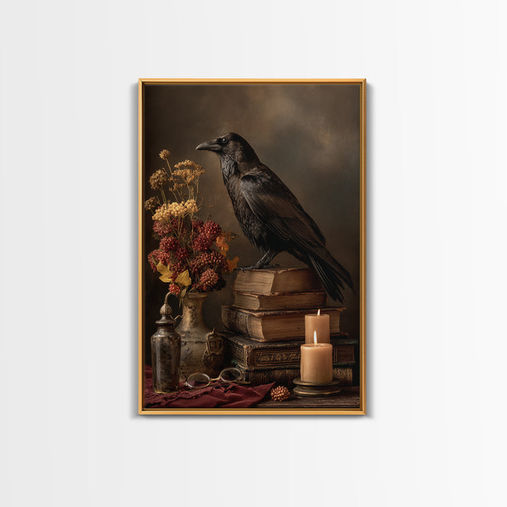 Black Raven Perched on Closed Book Framed Canvas Print, Library Art, Living Room Decor, Library Decor, Fine Art, Archive, LIB-2x3-78