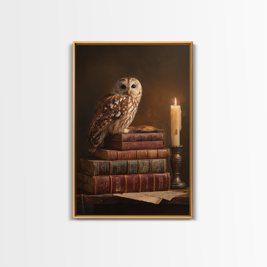 Owl Perched on a Pile of Antique Canvas Print, Library Art, Dark Academia Decor, Library Decor, Archive, Botanical Art, LIB-2x3-82