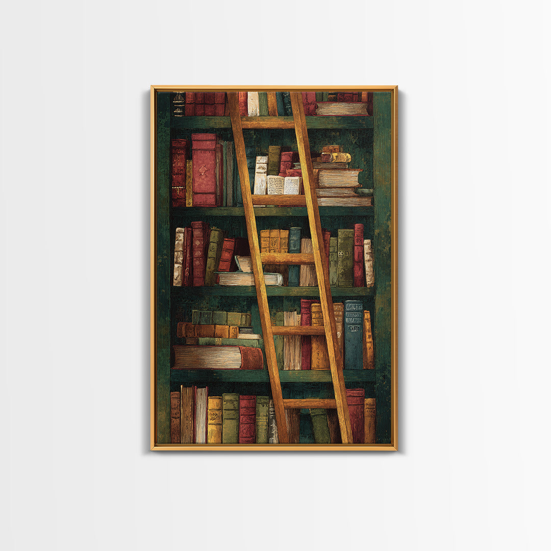 Rolling Library Ladder Framed Canvas Print, Library Art, Dark Academia Art, Library Decor, Abstract Art, Archive, Room Decor, LIB-2x3-83