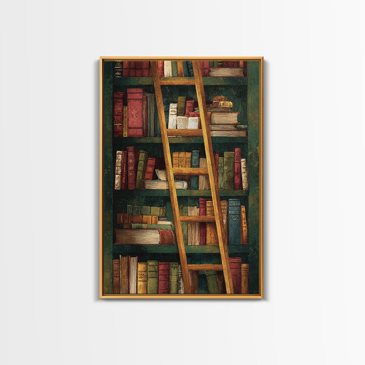 Rolling Library Ladder Framed Canvas Print, Library Art, Dark Academia Art, Library Decor, Abstract Art, Archive, Room Decor, LIB-2x3-83