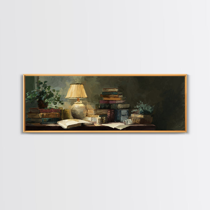 Warm Reading Lamp and Small Plant Still Canvas Print, Library Art, Watercolor Art, Library Decor, Archive, Halloween Wall Art, LIB-3x1-13