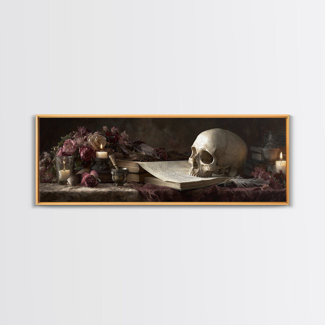 Dark Academia Skull Book and Quill Still Canvas Print, Library Art, Black Cat Art, Library Decor, Archive, Luxury Decor, LIB-3x1-21
