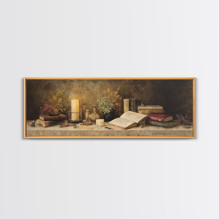 Warm Reading Lamp and Small Plant Still Framed Canvas Print, Library Art, Botanical Art, Library Decor, Watercolor Art, Archive, LIB-3x1-37