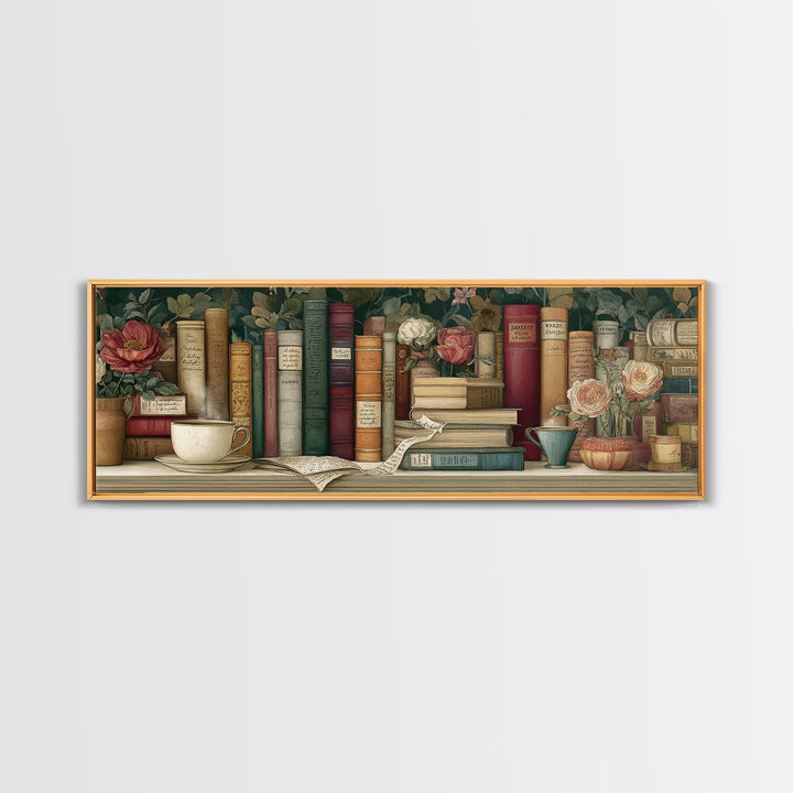 Teacup Beside a Novel and Roses Canvas Print, Library Art, Gothic Wall Decor, Library Decor, Fine Art, Archive, LIB-3x1-54
