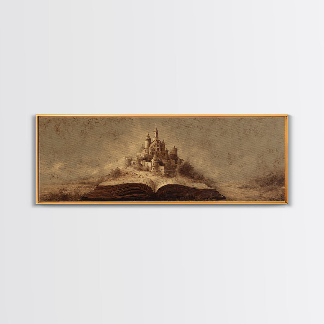 Storybook Castle Emerging from Open Book Framed Canvas Print, Library Art, Painting, Library Decor, Fine Art, Archive, LIB-3x1-55