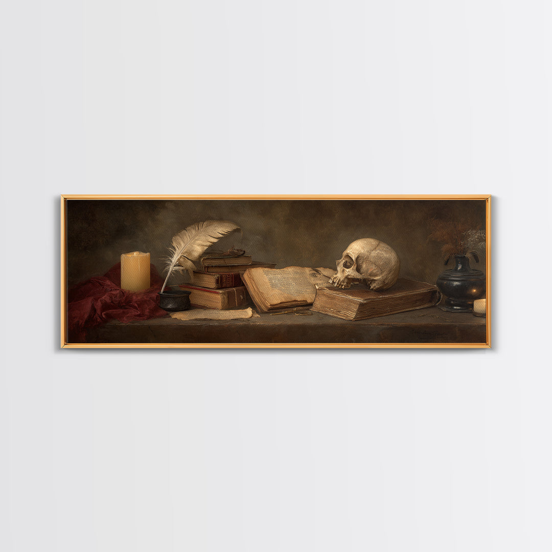 Dark Academia Skull Book and Quill Still Framed Canvas Print, Library Art, Gallery Decor, Library Decor, Fine Art, Archive, LIB-3x1-69