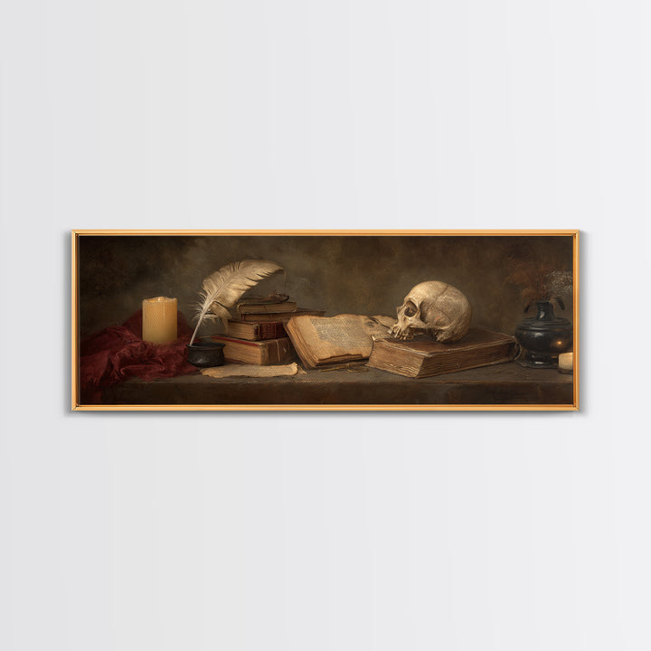 Dark Academia Skull Book and Quill Still Framed Canvas Print, Library Art, Gallery Decor, Library Decor, Fine Art, Archive, LIB-3x1-69