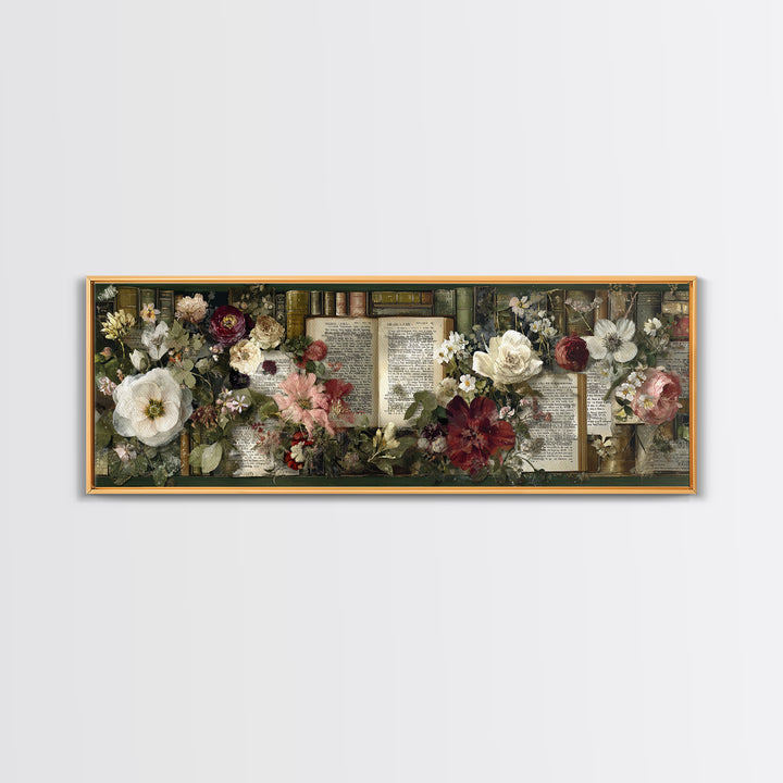 Botanical Pressed Flowers Inside Old Pages Framed Canvas Print, Library Art, Neutral Decor, Library Decor, Oil Painting, LIB-3x1-73