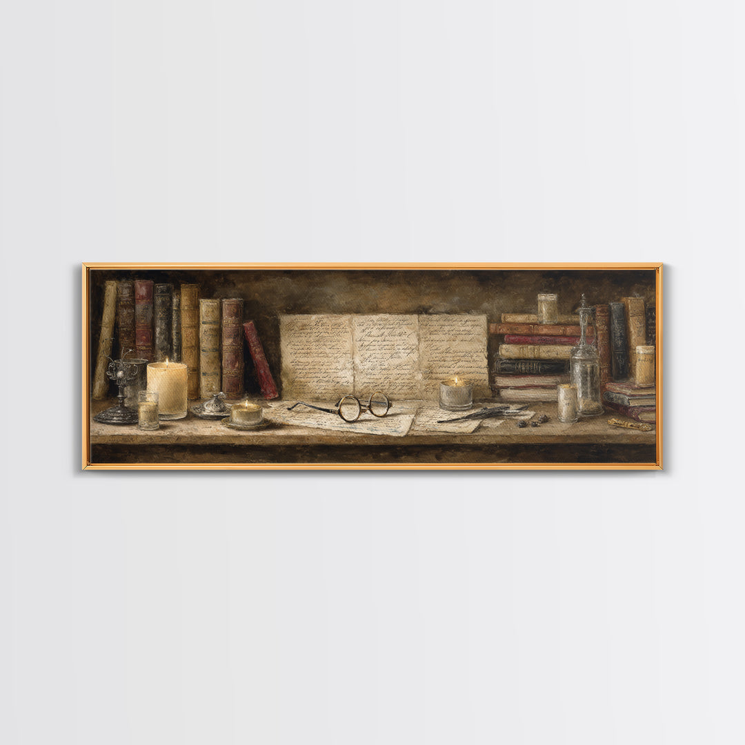 Antique Spectacles on a Manuscript Framed Canvas Print, Library Art, Digital Art, Library Decor, Archive, Watercolor Art, LIB-3x1-84