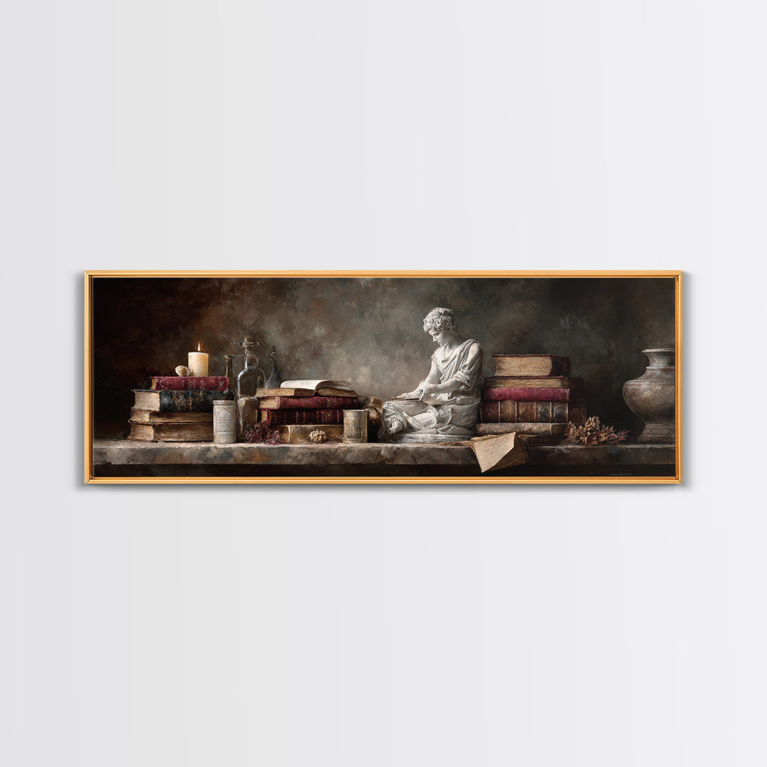 Renaissance Reading Figure Framed Canvas Print, Library Art, Dark Academia Decor, Library Decor, Archive, Botanical Art, LIB-3x1-87