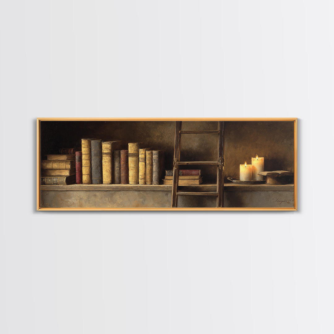 Rolling Library Ladder Canvas Print, Library Art, Printable Wall Art, Library Decor, Fine Art, Archive, Moody Wall Art, LIB-3x1-91