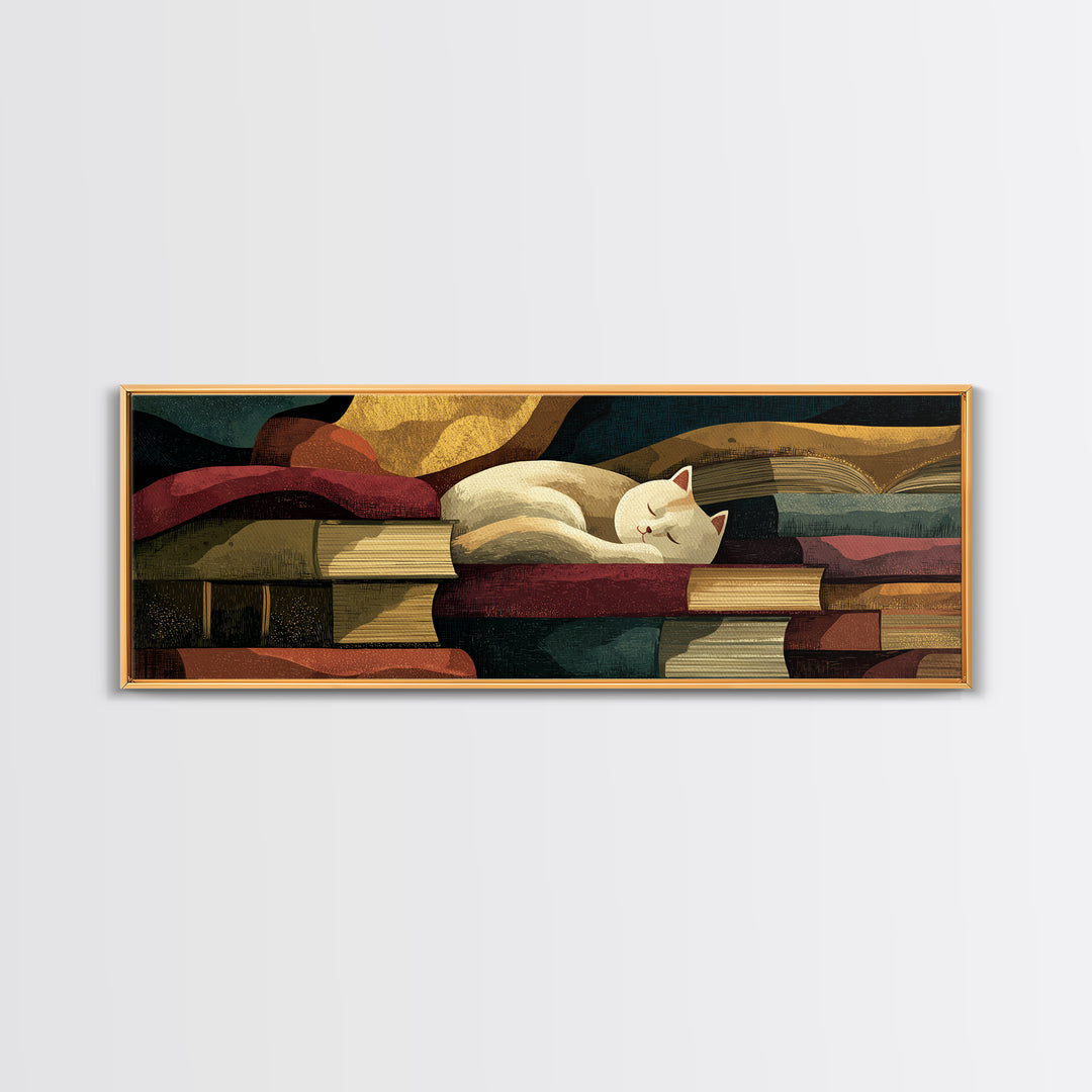 Cat Sleeping on a Book Stack Canvas Print, Library Art, Gothic Home Decor, Library Decor, Oil Painting, Archive, Bookish Decor, LIB-3x1-95