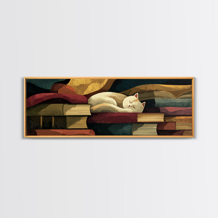 Cat Sleeping on a Book Stack Canvas Print, Library Art, Gothic Home Decor, Library Decor, Oil Painting, Archive, Bookish Decor, LIB-3x1-95
