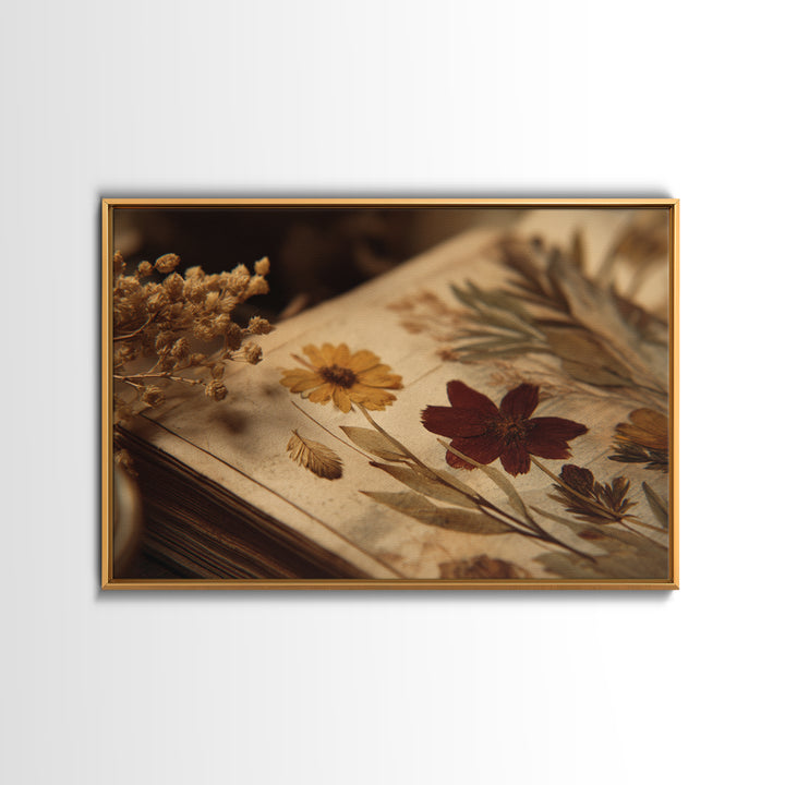 Botanical Pressed Flowers Inside Old Pages Framed Canvas Print, Library Art, Botanical Art, Library Decor, Watercolor Art, LIB-3x2-13