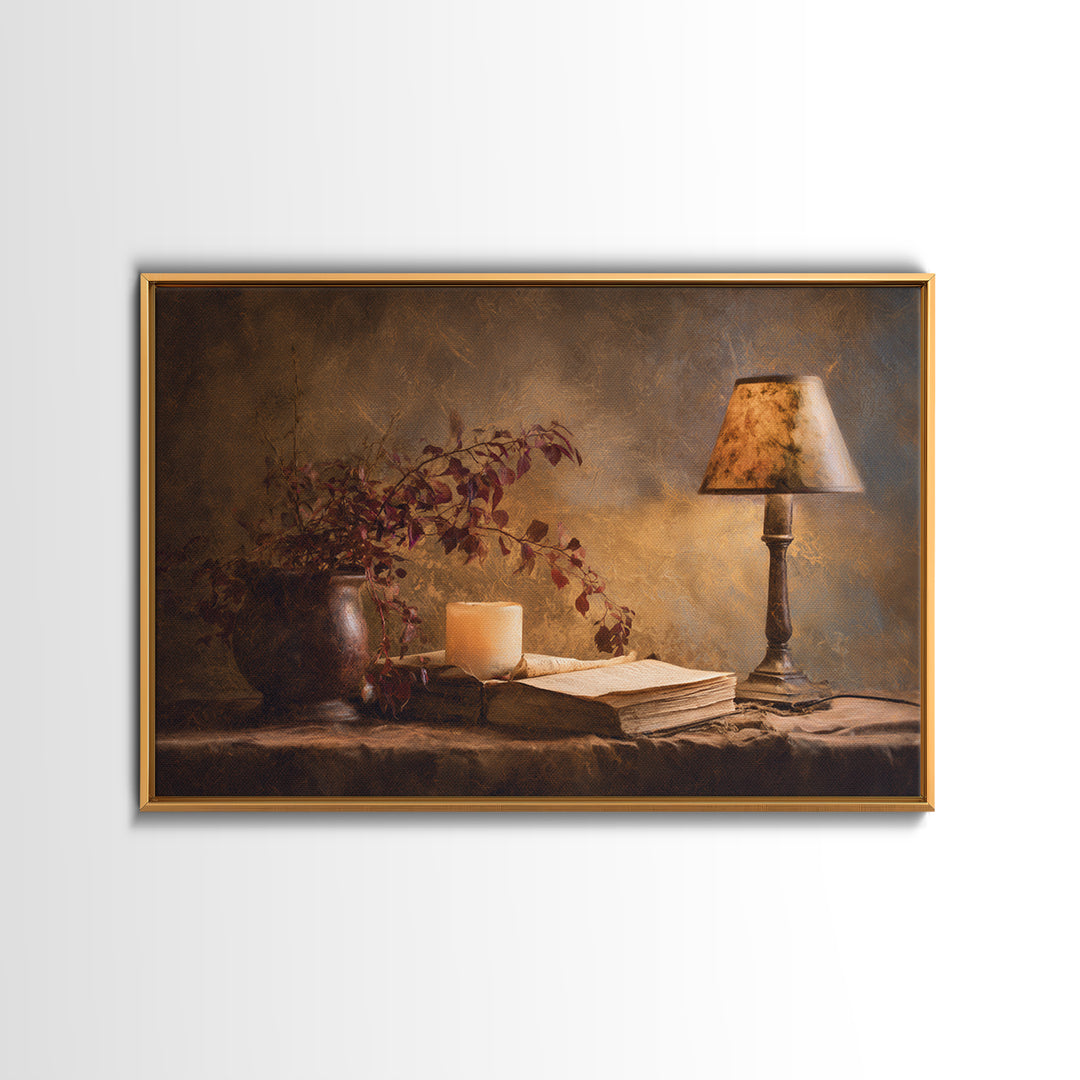 Warm Reading Lamp and Small Plant Still Framed Canvas Print, Library Art, Dark Academia Art, Library Decor, Abstract Art, LIB-3x2-25