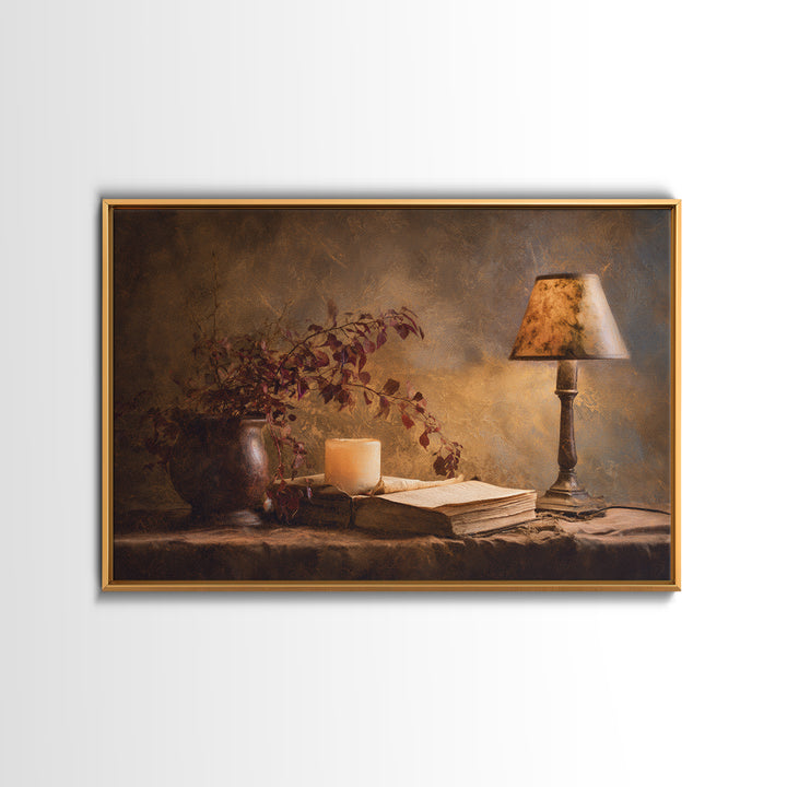 Warm Reading Lamp and Small Plant Still Framed Canvas Print, Library Art, Dark Academia Art, Library Decor, Abstract Art, LIB-3x2-25