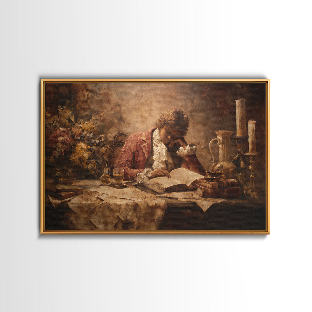 Renaissance Reading Figure Canvas Print, Library Art, Black Cat Art, Library Decor, Fine Art, Archive, Luxury Decor, Room Decor, LIB-3x2-3