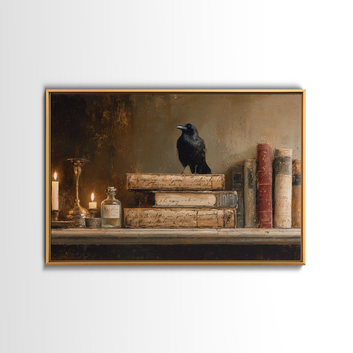 Black Raven Perched on Closed Book Framed Canvas Print, Library Art, Book Art, Library Decor, Oil Painting, Archive, LIB-3x2-50