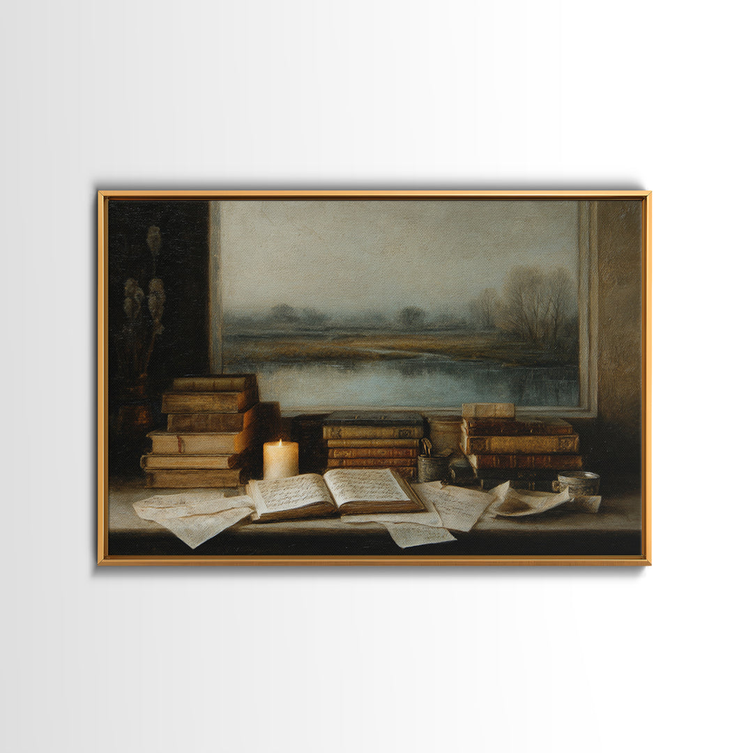 Moonlit Window with Floating Pages Framed Canvas Print, Library Art, Textured Painting, Library Decor, Fine Art, Archive, LIB-3x2-60