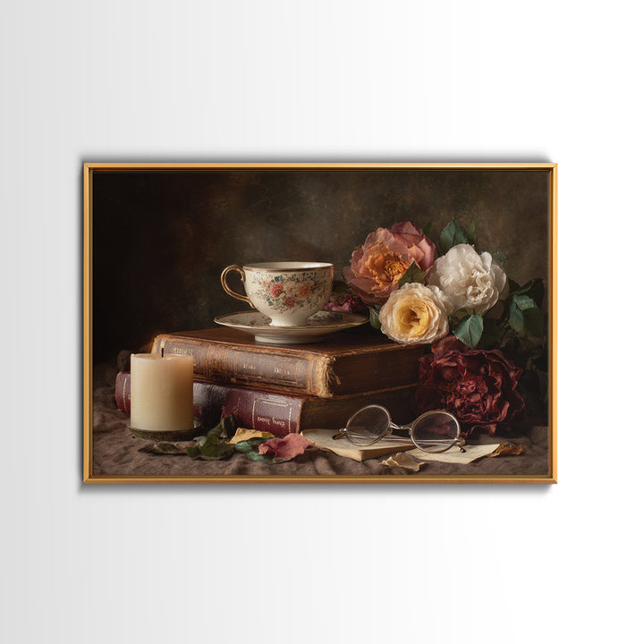 Teacup Beside a Novel and Roses Canvas Print, Library Art, Library Decor, Fine Art, Archive, Neutral Decor, Modern Decor, LIB-3x2-66