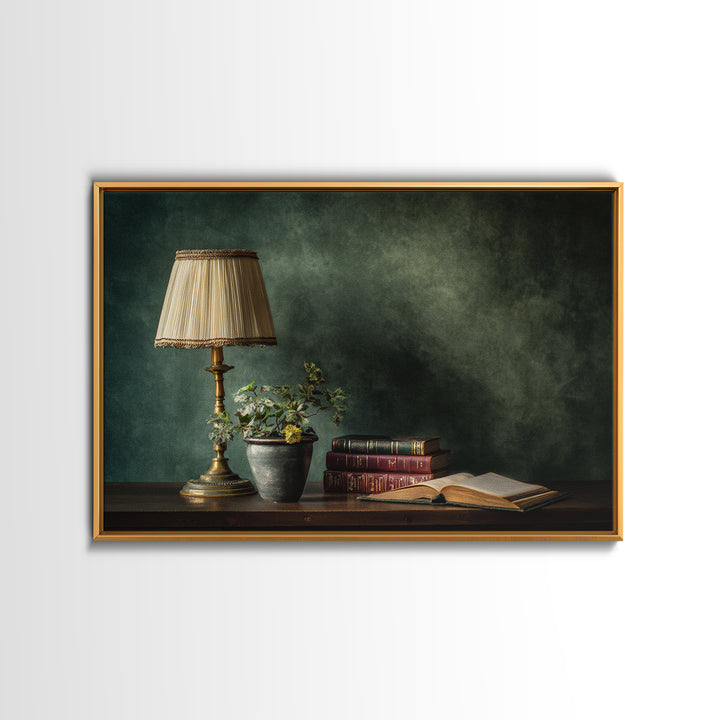 Warm Reading Lamp and Small Plant Still Canvas Print, Library Art, Neutral Decor, Library Decor, Fine Art, Archive, Home Decor, LIB-3x2-73