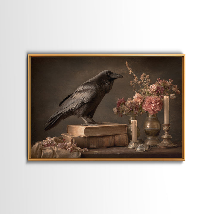 Black Raven Perched on Closed Book Framed Canvas Print, Library Art, Book Art, Library Decor, Oil Painting, Archive, LIB-3x2-74