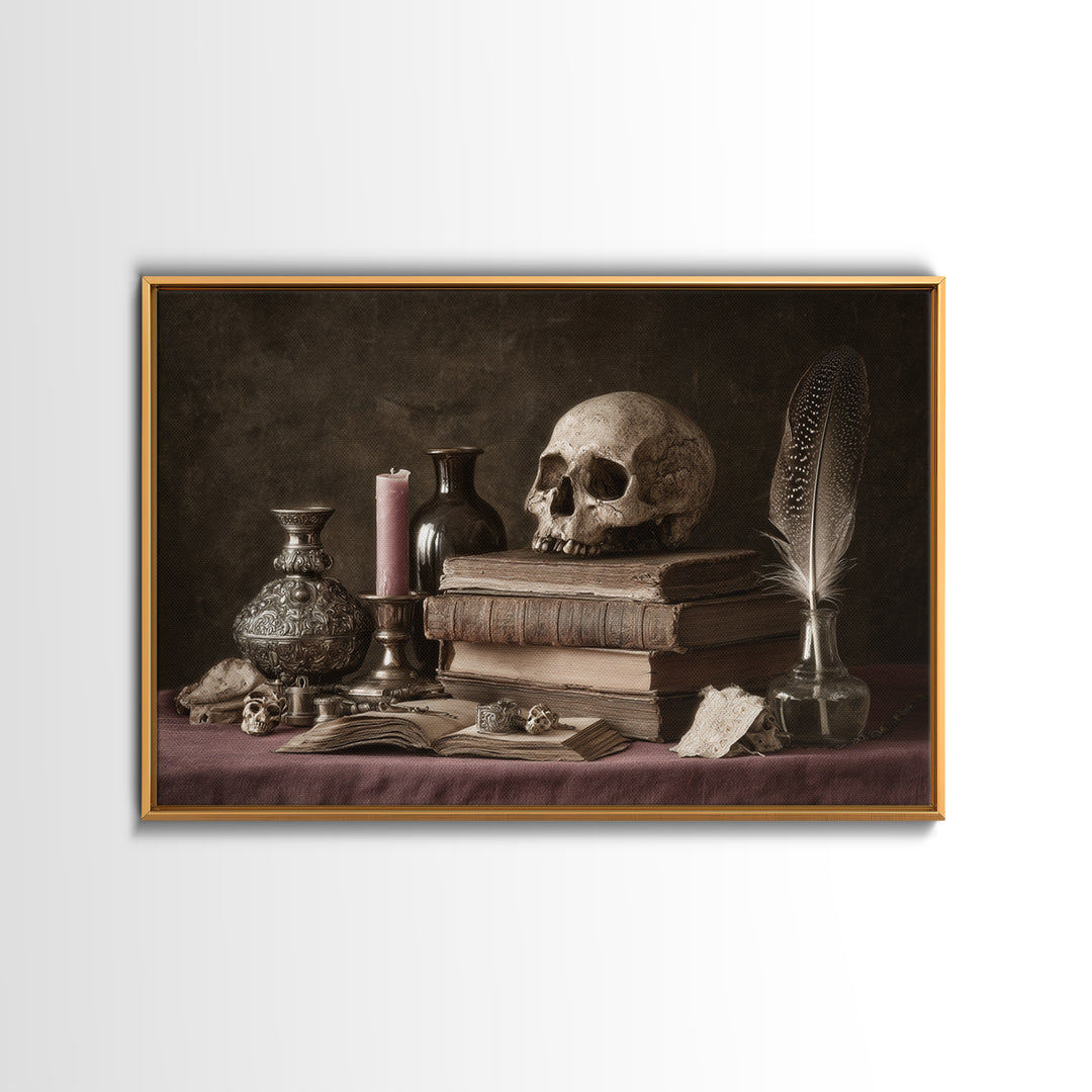 Dark Academia Skull Book and Quill Still Framed Canvas Print, Library Art, Fine Art Print, Library Decor, Fine Art, Archive, LIB-3x2-81