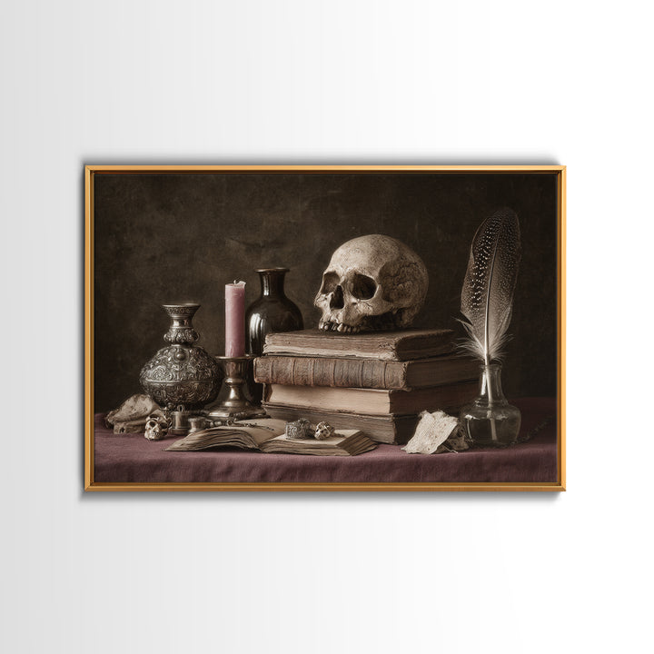 Dark Academia Skull Book and Quill Still Framed Canvas Print, Library Art, Fine Art Print, Library Decor, Fine Art, Archive, LIB-3x2-81