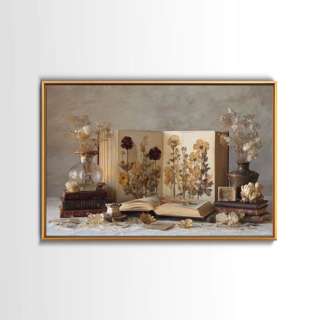 Botanical Pressed Flowers Inside Old Pages Framed Canvas Print, Library Art, Statement Artwork, Library Decor, Archive, LIB-3x2-85