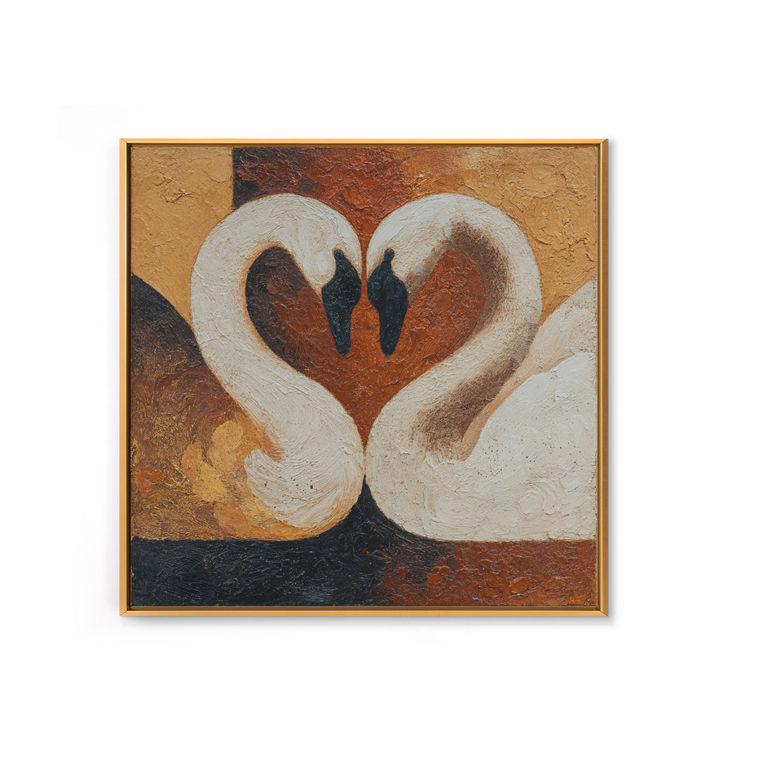 Two Swans Forming a Heart Shape Framed Canvas Print, Line Art, Textured Painting, Living Room Decor, Abstract Art, Line, LIN-1x1-40