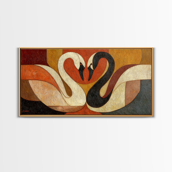 Two Swans Forming a Heart Shape Framed Canvas Print, Line Art, Textured Painting, Living Room Decor, Abstract Art, Line, LIN-2x1-12