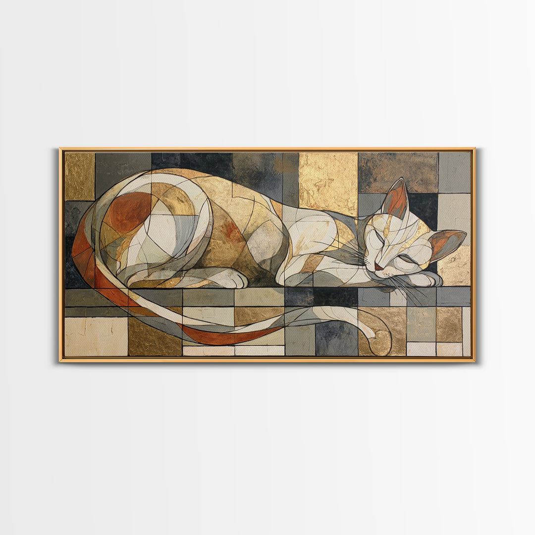 Monoline Cat Stretching Framed Canvas Print, Line Art, Digital Wall Art, Living Room Decor, Fine Art, Line, Minimalist Wall Art, LIN-2x1-50