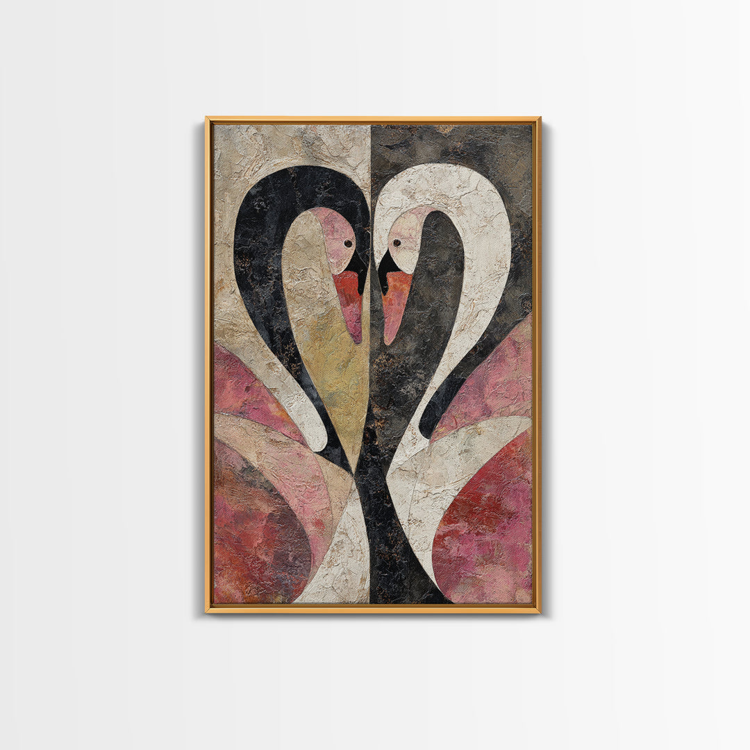 Two Swans Forming a Heart Shape Framed Canvas Print, Line Art, Contemporary Art, Living Room Decor, Abstract Art, Line, LIN-2x3-24