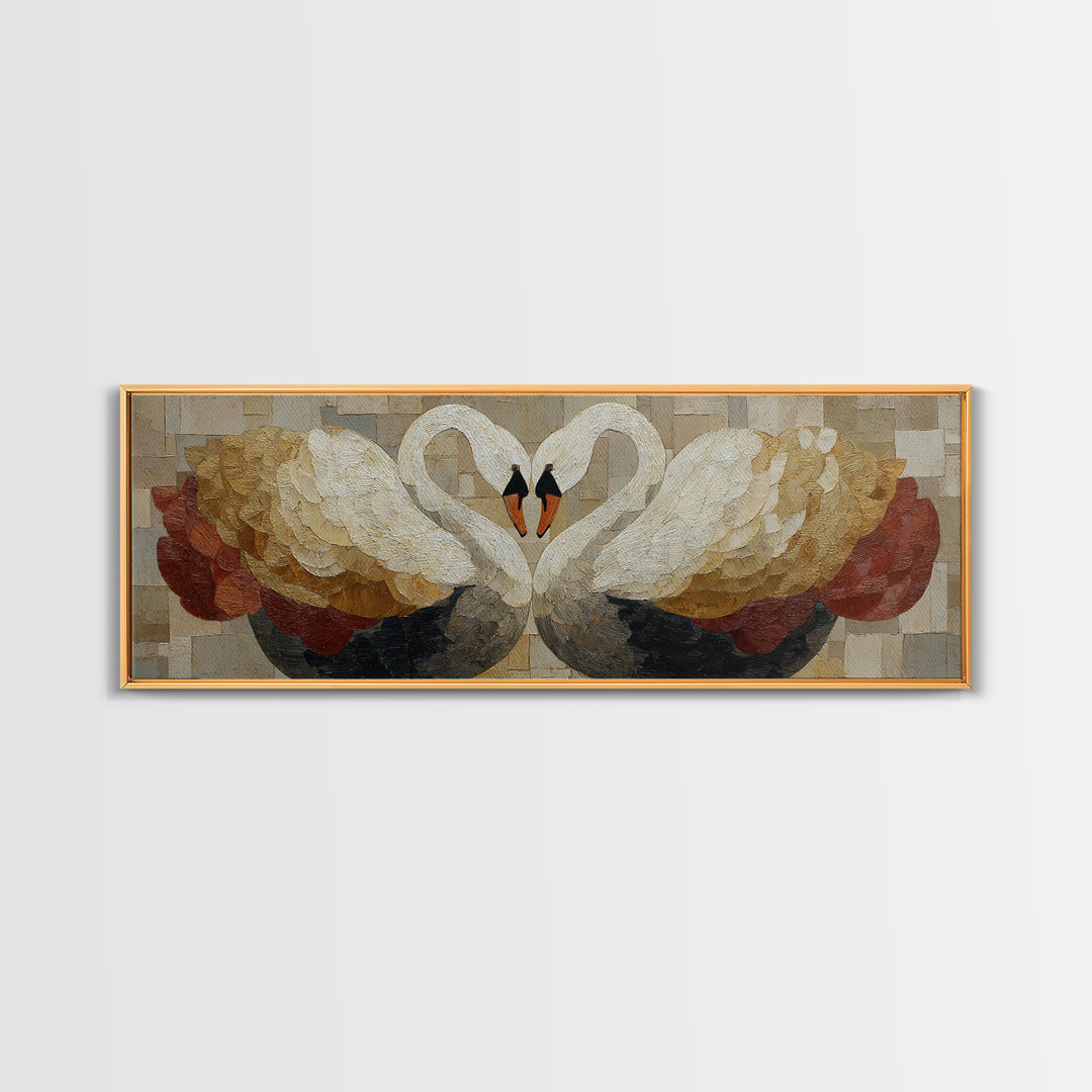 Two Swans Forming a Heart Shape Framed Canvas Print, Line Art, Wall Art, Living Room Decor, Fine Art, Line, Wall Art Print, LIN-3x1-56