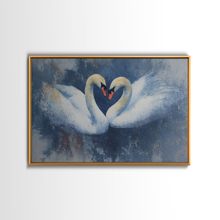 Two Swans Forming a Heart Shape Framed Canvas Print, Line Art, Statement Artwork, Living Room Decor, Abstract Art, Line, LIN-3x2-20