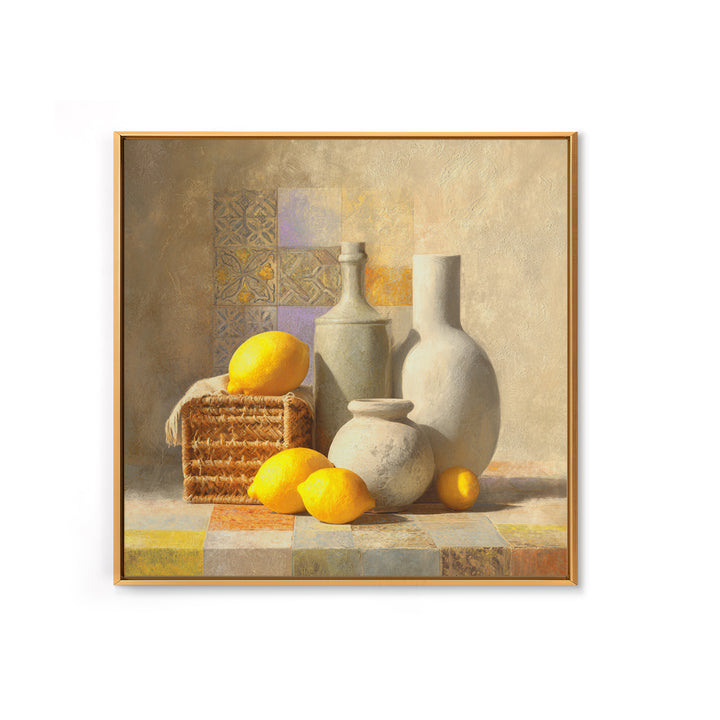Warm Mediterranean Lemon Still Life Framed Canvas Print, Living Room Art, Dopamine Decor, Living Room Decor, Abstract Art, LIR-1x1-42