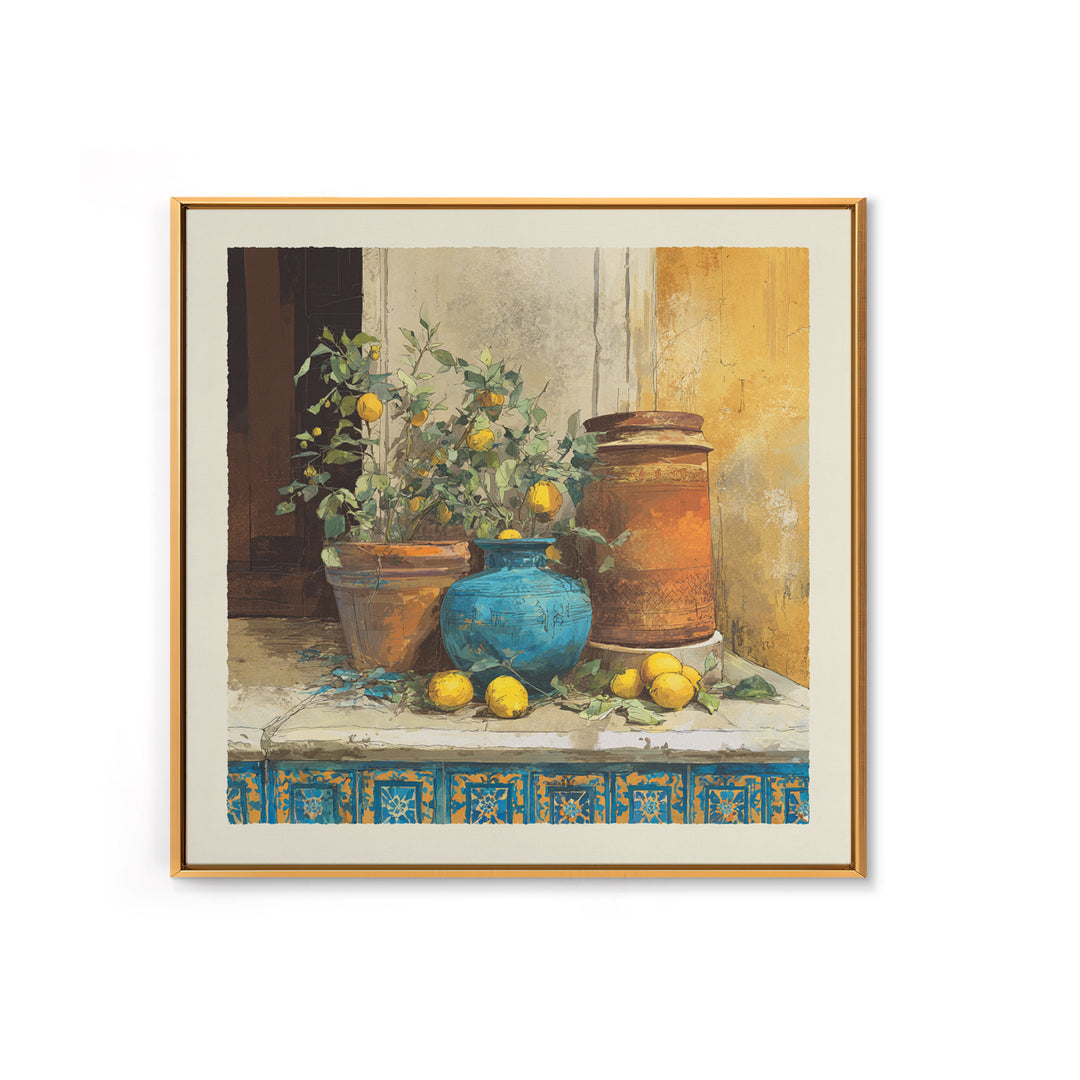 Warm Mediterranean Lemon Still Life Framed Canvas Print, Living Room Art, Dopamine Decor, Living Room Decor, Abstract Art, LIR-1x1-66