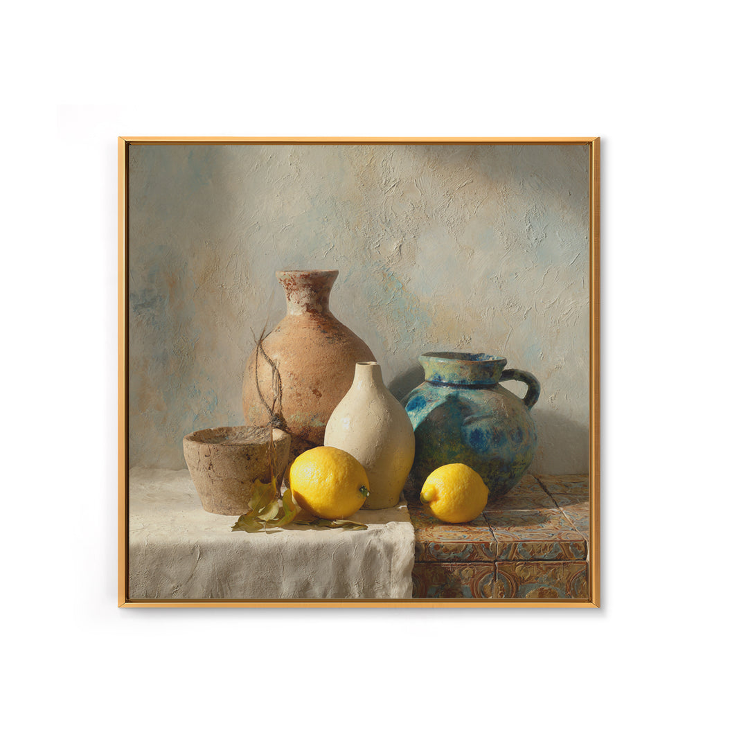 Warm Mediterranean Lemon Still Life Canvas Print, Living Room Art, Neutral Decor, Living Room Decor, Fine Art, Living, LIR-1x1-90