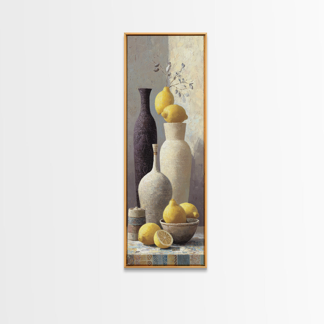 Warm Mediterranean Lemon Still Life Framed Canvas Print, Living Room Art, Bedroom Wall Art, Living Room Decor, Oil Painting, LIR-1x3-30