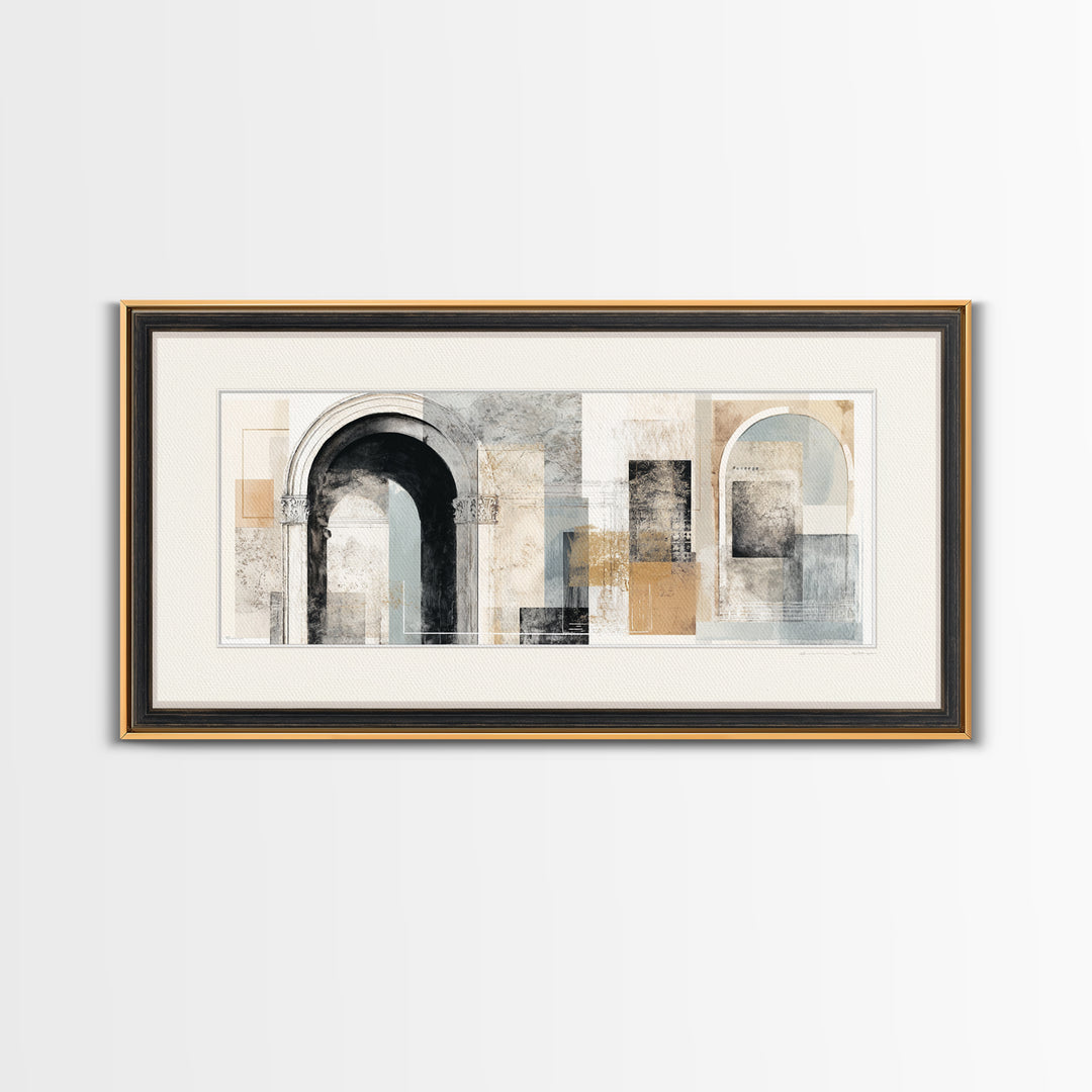 Black and White Architectural Arch Composition Framed Canvas Print, Living Room Art, Boho Decor, Living Room Decor, LIR-2x1-27