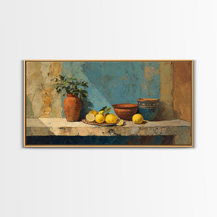 Warm Mediterranean Lemon Still Life Canvas Print, Living Room Art, Wall Art, Living Room Decor, Oil Painting, Living, LIR-2x1-62