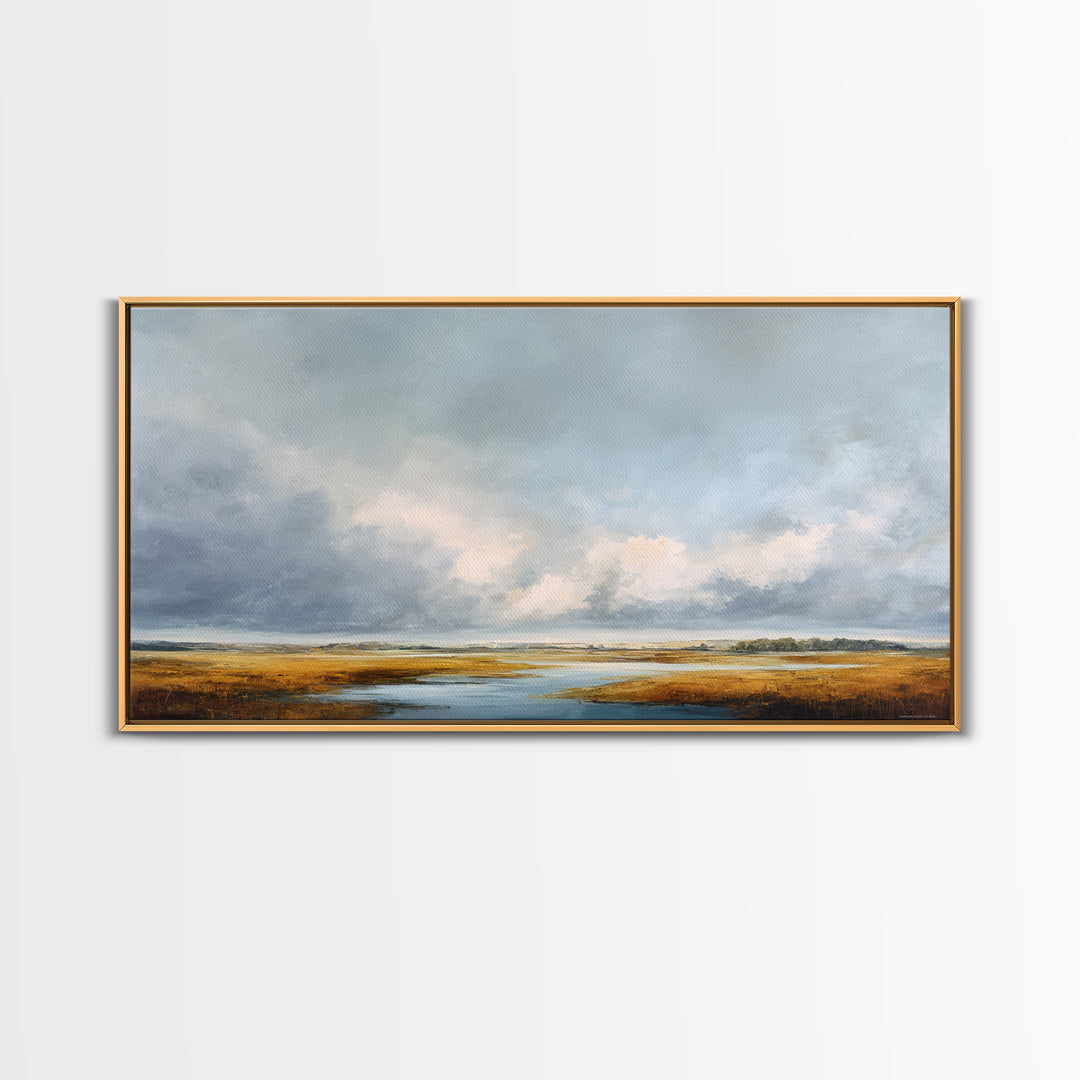 Modern Landscape with Expansive Calm Sky Framed Canvas Print, Living Room Art, Neutral Decor, Living Room Decor, Oil Painting, LIR-2x1-95